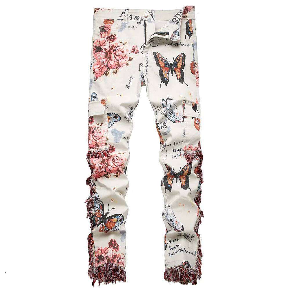 Men Butterfly Print Denim Jeans Flower Pattern White Stretch Cotton Slim Pants Tassels Multi Pockets Cargo Trousers Good Quality Z260225