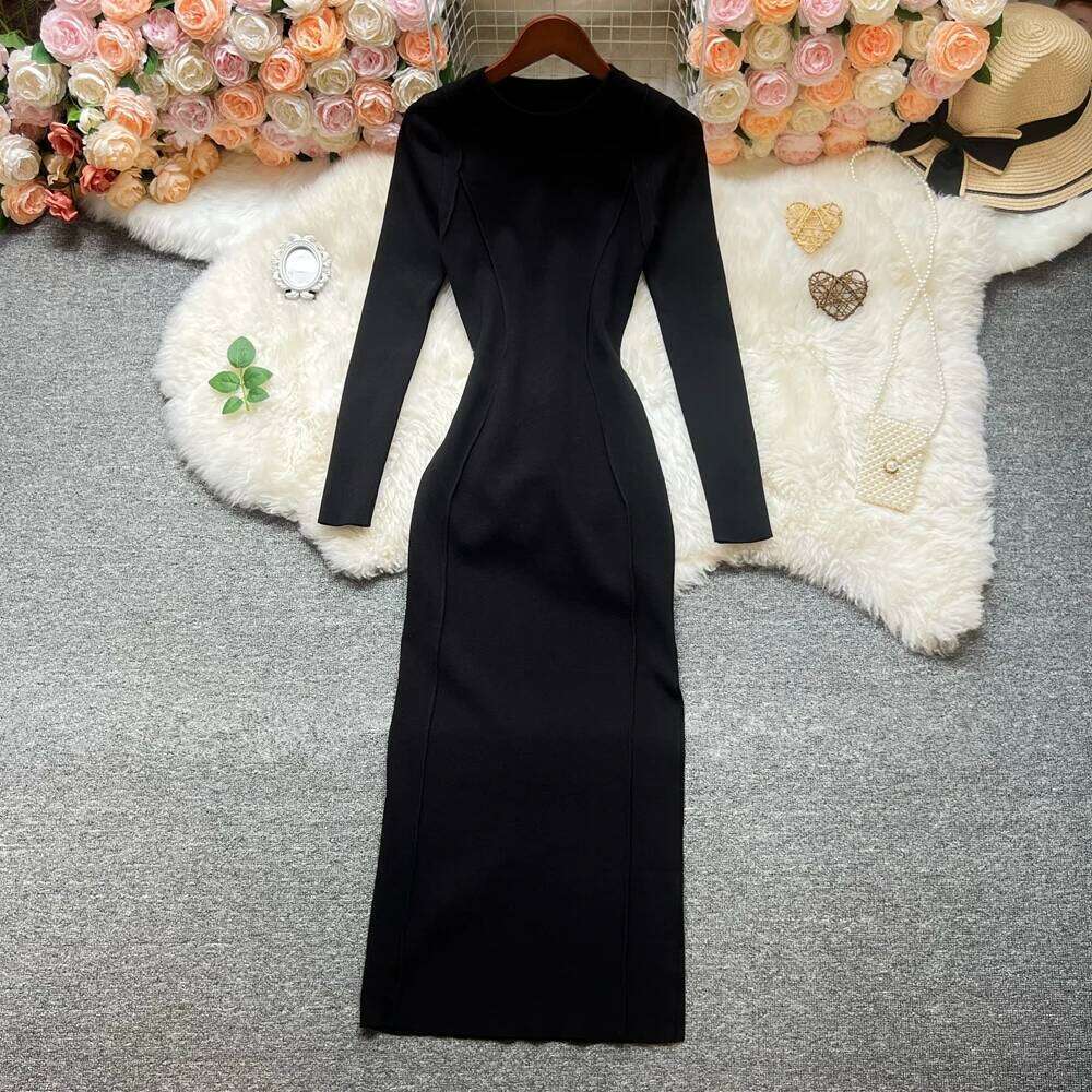 YuooMuoo Ins Hot Split Sexy Wrap Hips Knitted Dresses Women 2025 Autumn Winter Long Sleeve Bodycon Sweater Dress Streetwear Robe Z260311