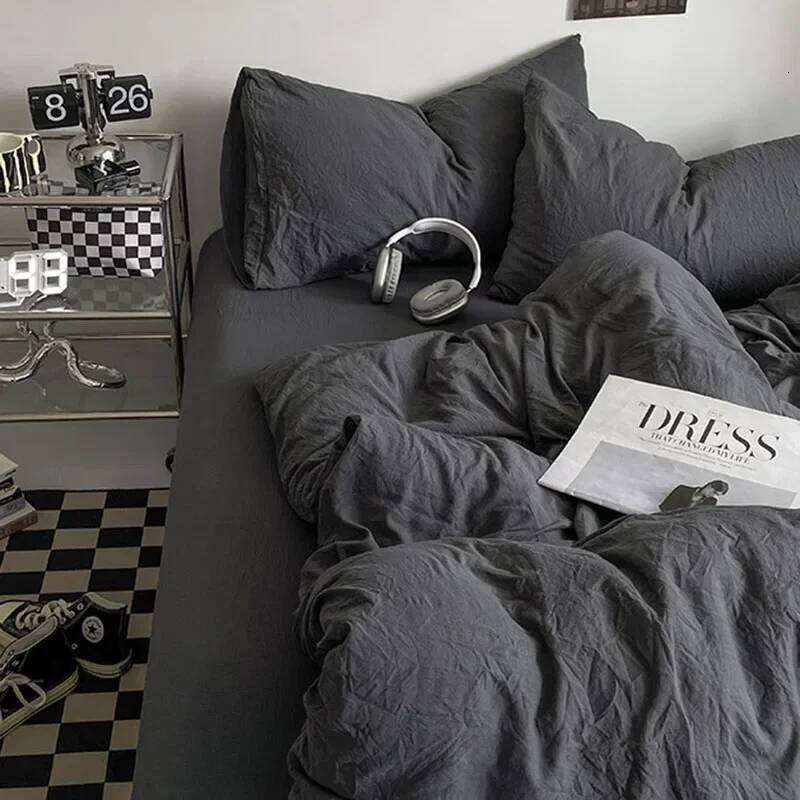 Solid Sleep Naked Washed Cotton Bedding Set 4Pcs Mix Colored Bedclothes with Zipper Super Soft Comfort Bed Liner for Adults H260311