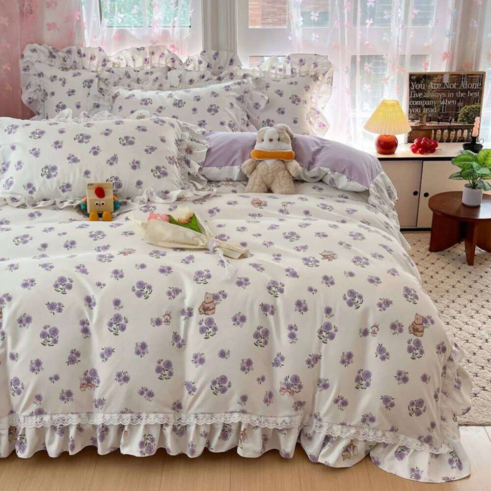Korean Pure Cotton Bedding Princess Style Four Piece Set Student Dormitory Quilt Cover Bed Sheet Bedroom Decor Home Textiles H260311