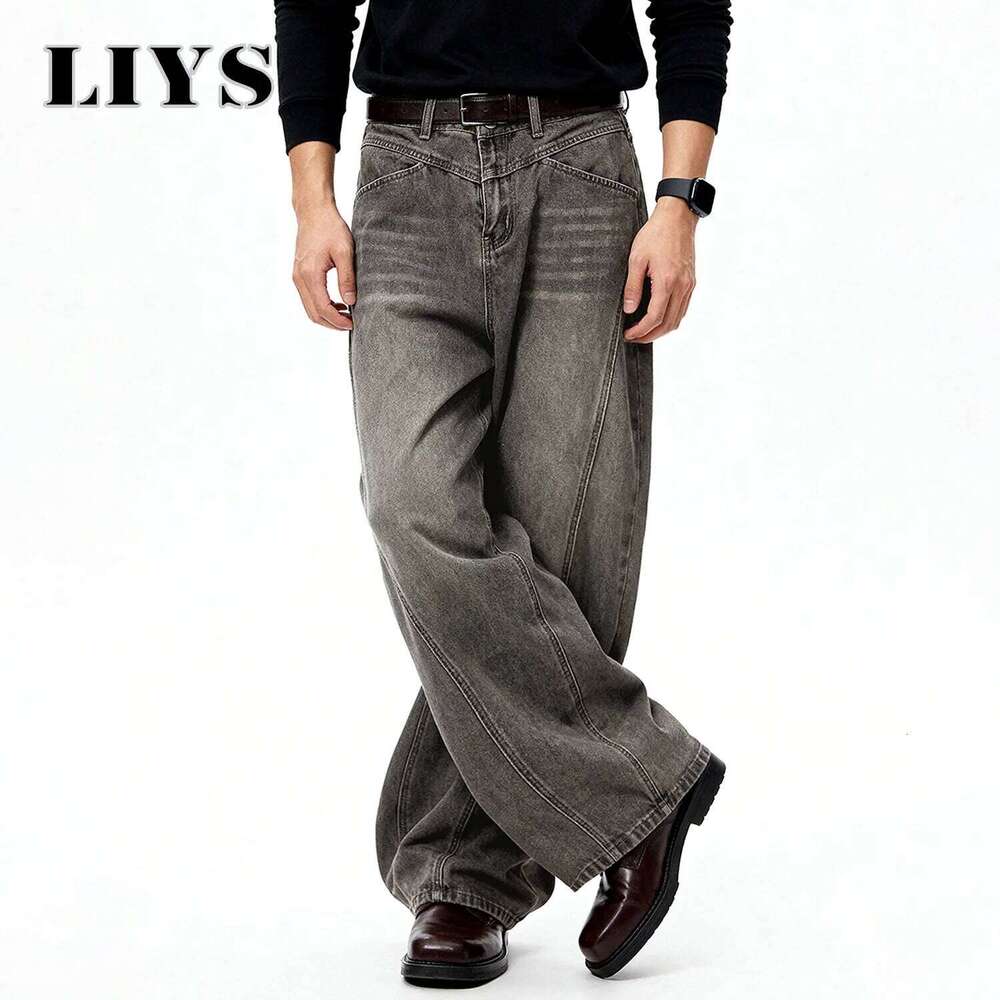 American Retro Grey Men's Baggy Wide Leg Jeans High Street Spliced Deconstruction Design Daily Casual Denim Pants Unisex Clothes Z260225