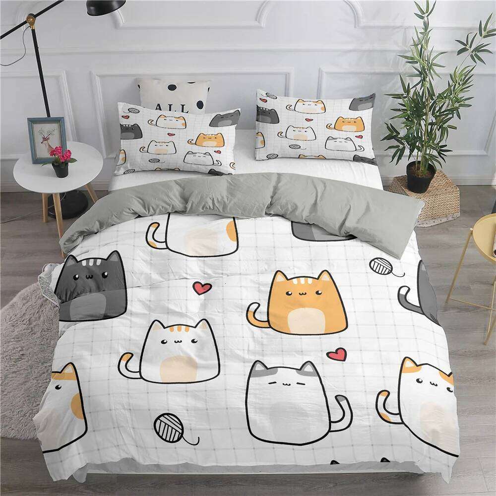 Cartoon Bedding Cute Cats Printed 3D Duvet Cover Set Twin Full Queen King Double Size Pillowcase Bedclothes 2/3pcs for Kids H260311