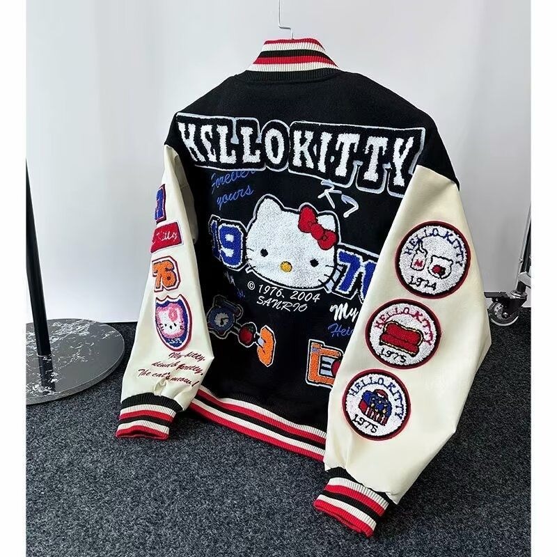 Spring and Autumn American Retro Cat Logo Printed Patchwork Baseball Jacket for Men and Women with Loose Standing Collar T260311