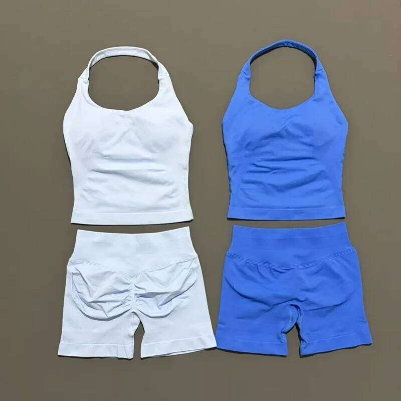 2 Pcs HISTELLO Halter Top Strappy Bra Shorts Set Women Yoga Workout Clothes Seamless Vest Hip-Lifting Sports Leggings Gym Suit 26H0311