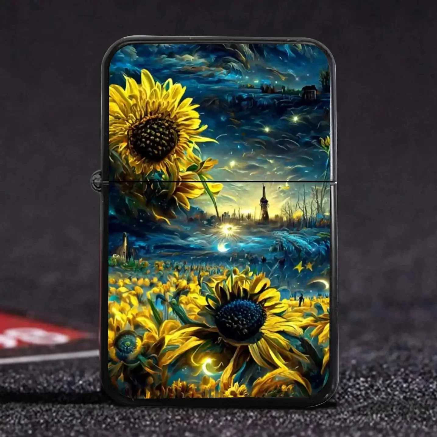 Van Gogh Oil Painting Retro Grinding Wheel Lighter Outdoor Metal Windproof Creative Lighter Men And Women Gift N260311
