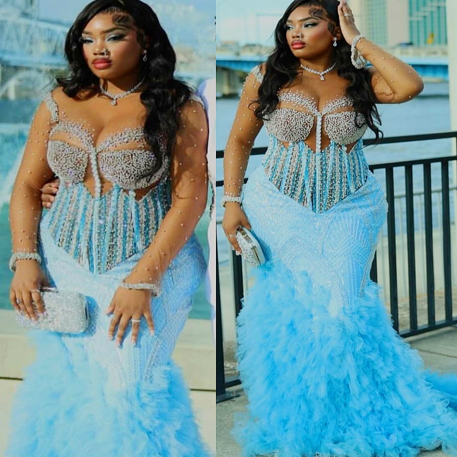 2K26 Light Sky Blue Prom Dress 2026 Mermaid Prom Dress Sheer Neck Beaded Tiers Full Sleeves Evening Dresses Birthday Party Formal Receiption Gowns Dresses ZJ012