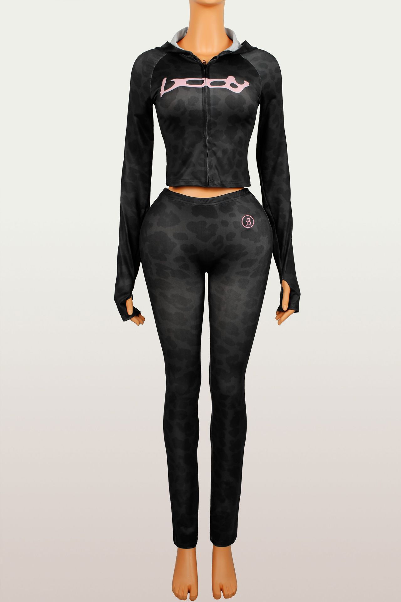 Women's Tracksuits Weird Puss Tie Leopard Tracksuit 2-Piece Set Women Letter Print Zip Hooded Crop Jacket Leggings Stretch Sporty Street Y2K