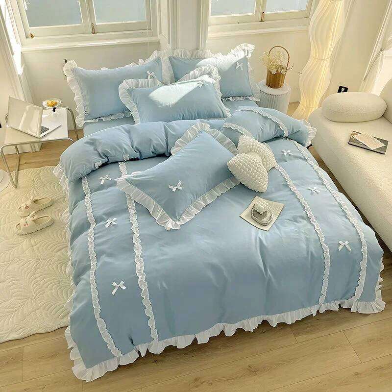 Korean Princess Style Bedding Sets Ins Lace Bowknot Duvet Cover Fitted Sheet For Girl Woman Home Bedroom Kawaii Bed Linens H260311