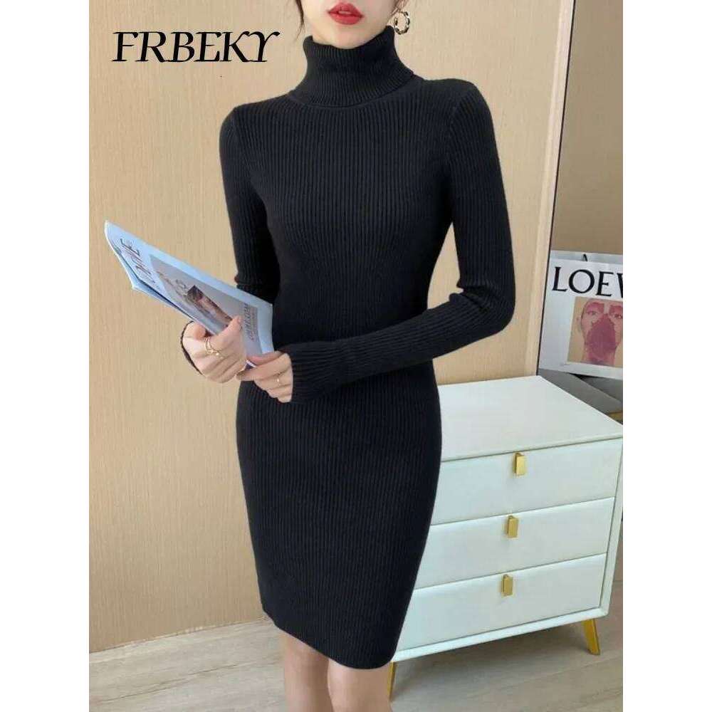 Autumn New Korean Turtleneck Knitted Pure Color Bodycon Sweater Dress Office Lady Pullover Casual Elegant Knitwear Jumper Z260311