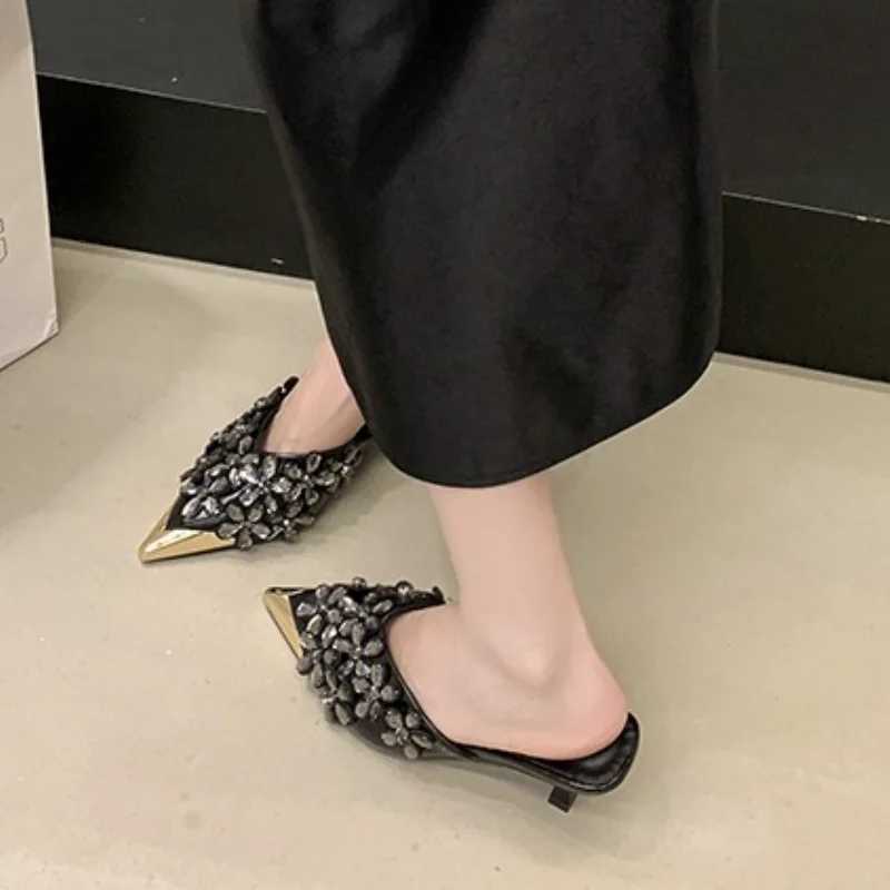 Pointed Toe Stiletto High Heel Baotou Half Drag Summer New Rhinestone Flower Fairy Wind Metal Head Cold Outside Wear K260311