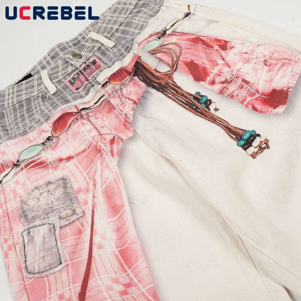 Hip Hop Print Jeans Mens Pocket High Street Baggy Wide Leg Denim Banana Pants Man Trousers Z260225