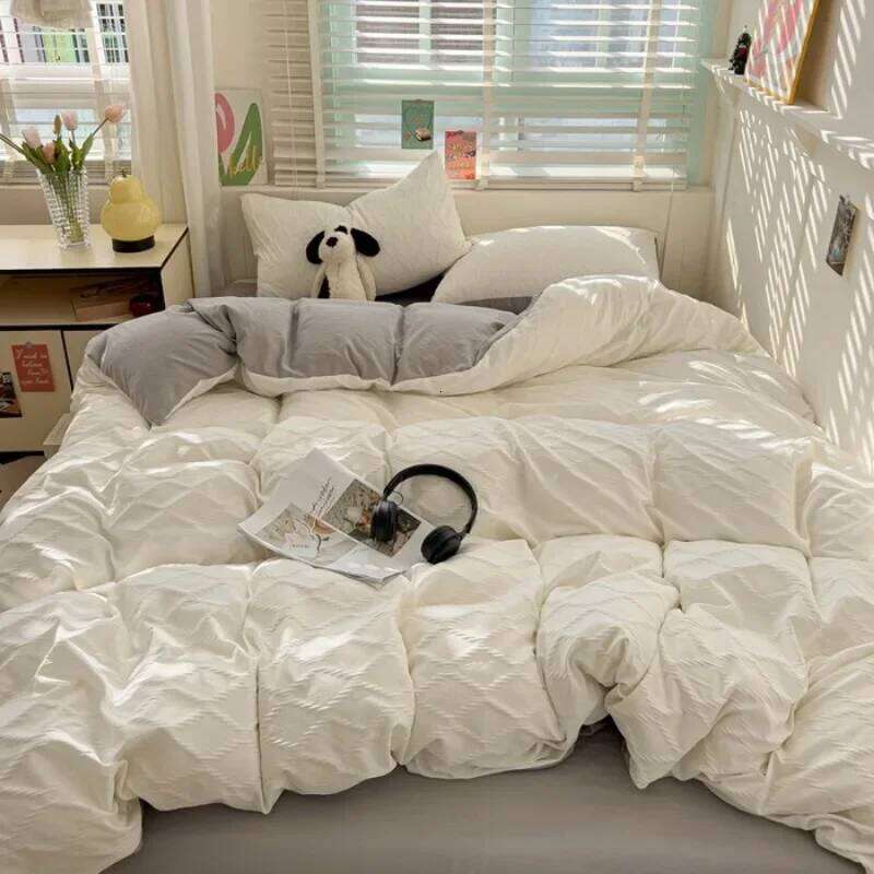 seersucker bed sheet four-piece set washed cotton skin-friendly and comfortable rhombus solid color quilt cover H260311