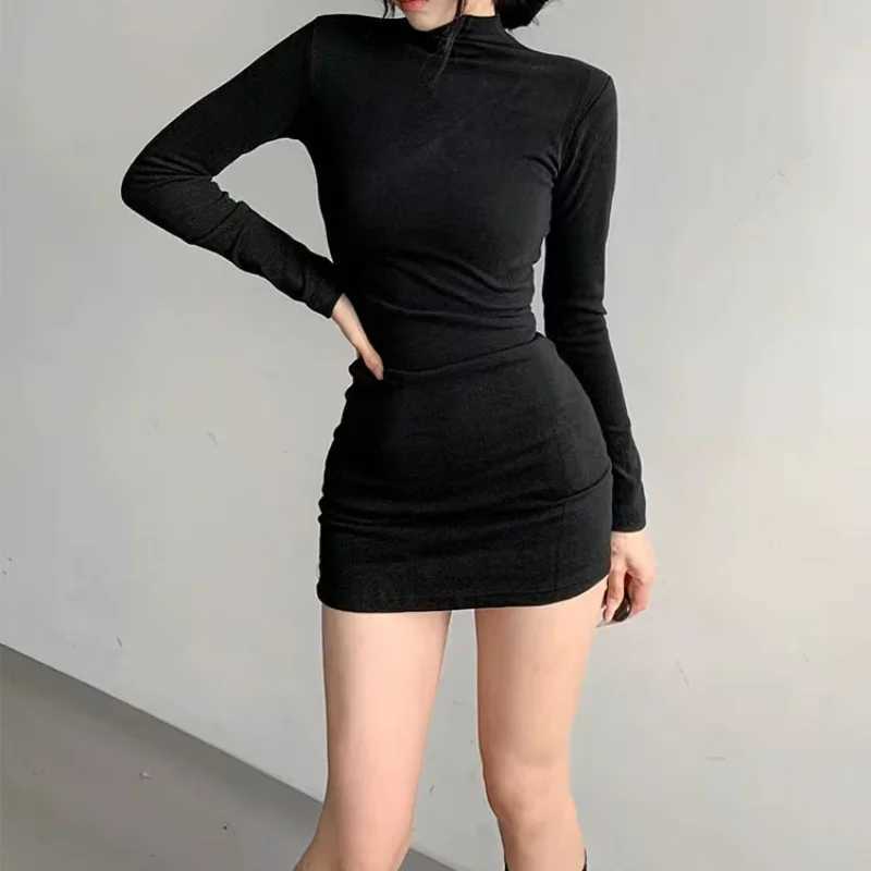 Fashion New Solid Half High Collar Dresses Autumn Winter Women Long Sleeves Sexy Bodycon Mini Dress Club Elegant Party Dresses M260311