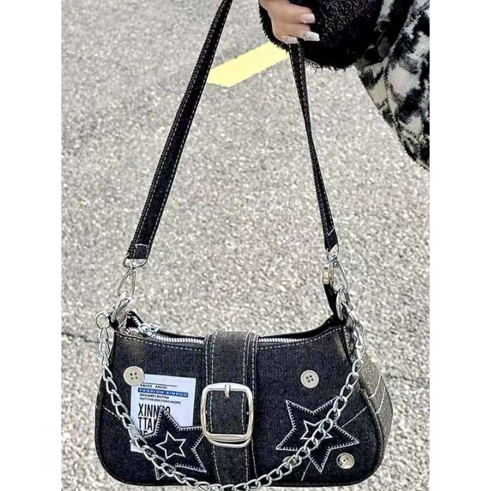 Y2K Star Embroidery Denim Shoulder Millennium Cowboy Underarm Purse, Button Decor Small Crossbody Bag, Cute Canvas Handbag XJ260311