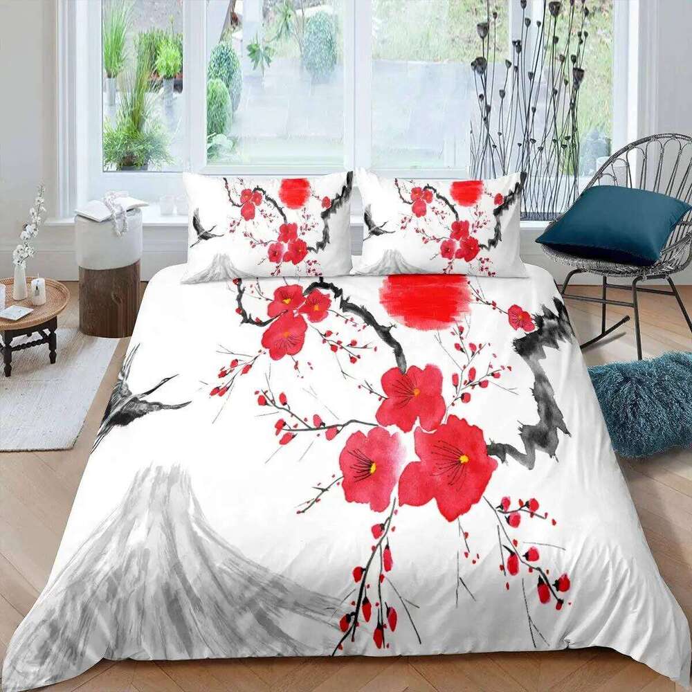Japanese-Style Duvet Set for Girl Polyester Mount Fuji Comforter Cherry Blossoms Flower Ink Hand Painted Quilt Cover H260311