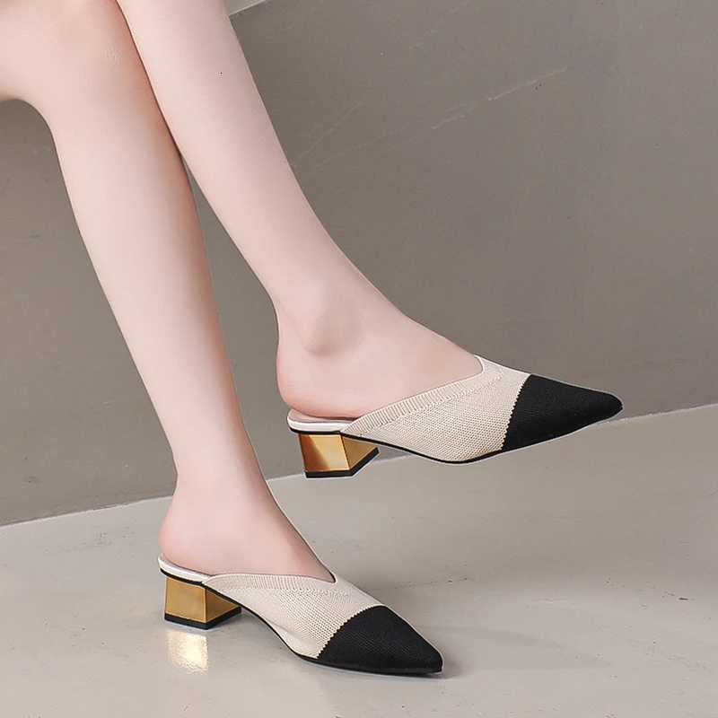 2025Summer Womens Knitted Slider Mule New Elegant Mesh Breathable Shoe Slipper Closed Toe Slider Shoes Splice Solid Color K260311