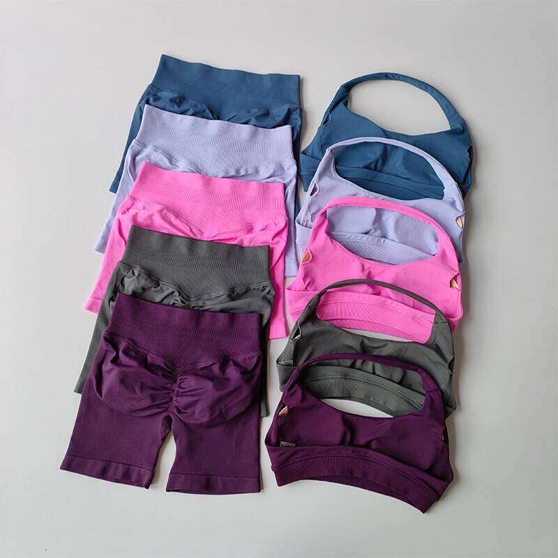 Sexy Halter Neck Beautiful High Waist Peach Sports Bras Shorts Suit Pilates Gathering Yoga Vest Training Fitness Bra Sets 26H0310
