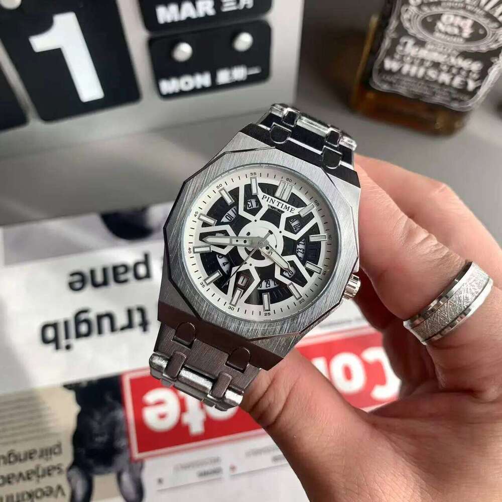 Men's Fashionable Mechanical Style Skeleton Octagonal Calendar Quartz Watch with Steel Bracelet Unisex Timepiece Men gift