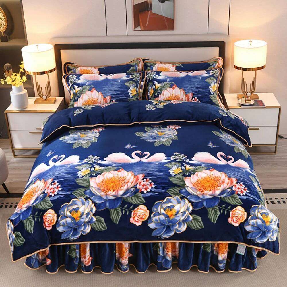 Class A Light Milk Bedding Sets Double-Sided Thicken Four-Piece Set Winter Warm Coral Velvet Quilt Cover Bed Skirt H260311 - view 4