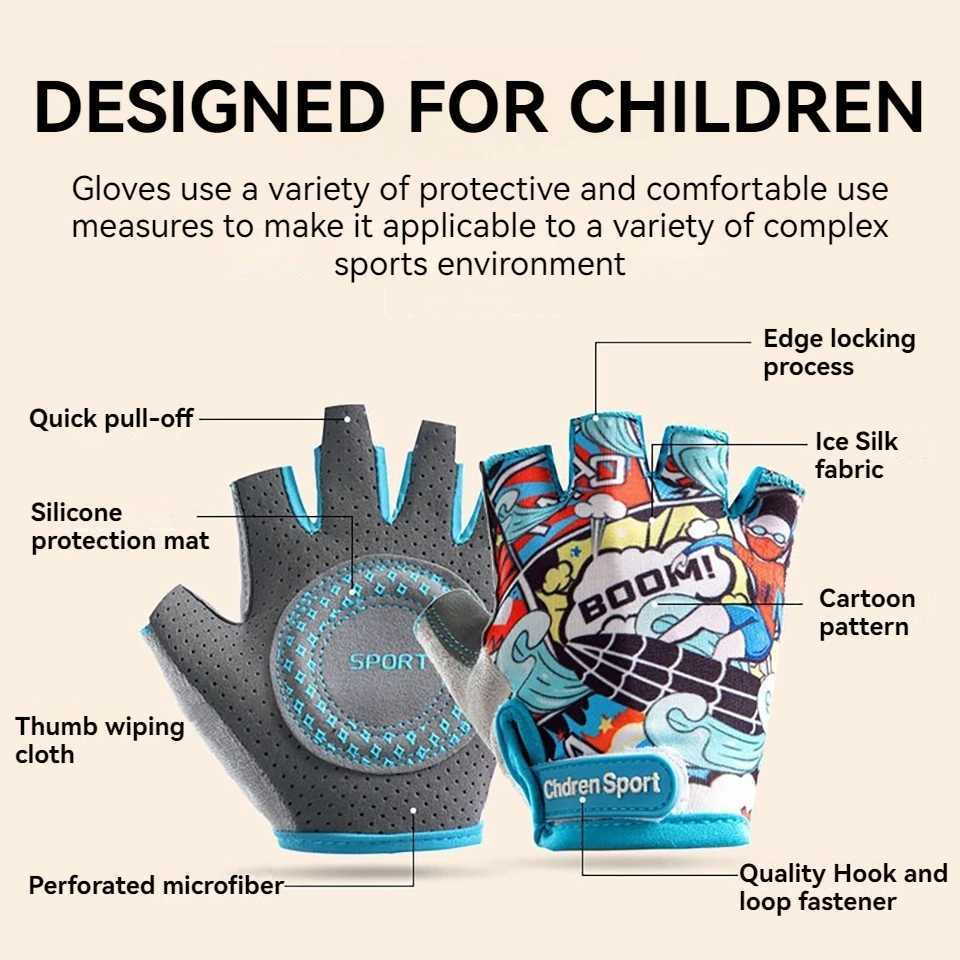 1Pair Childrens Gloves Half Finger 3-12 Years old Sports Gloves Non-slip Breathable Sweat Absorbent Cycling Writing Skateboard M260311