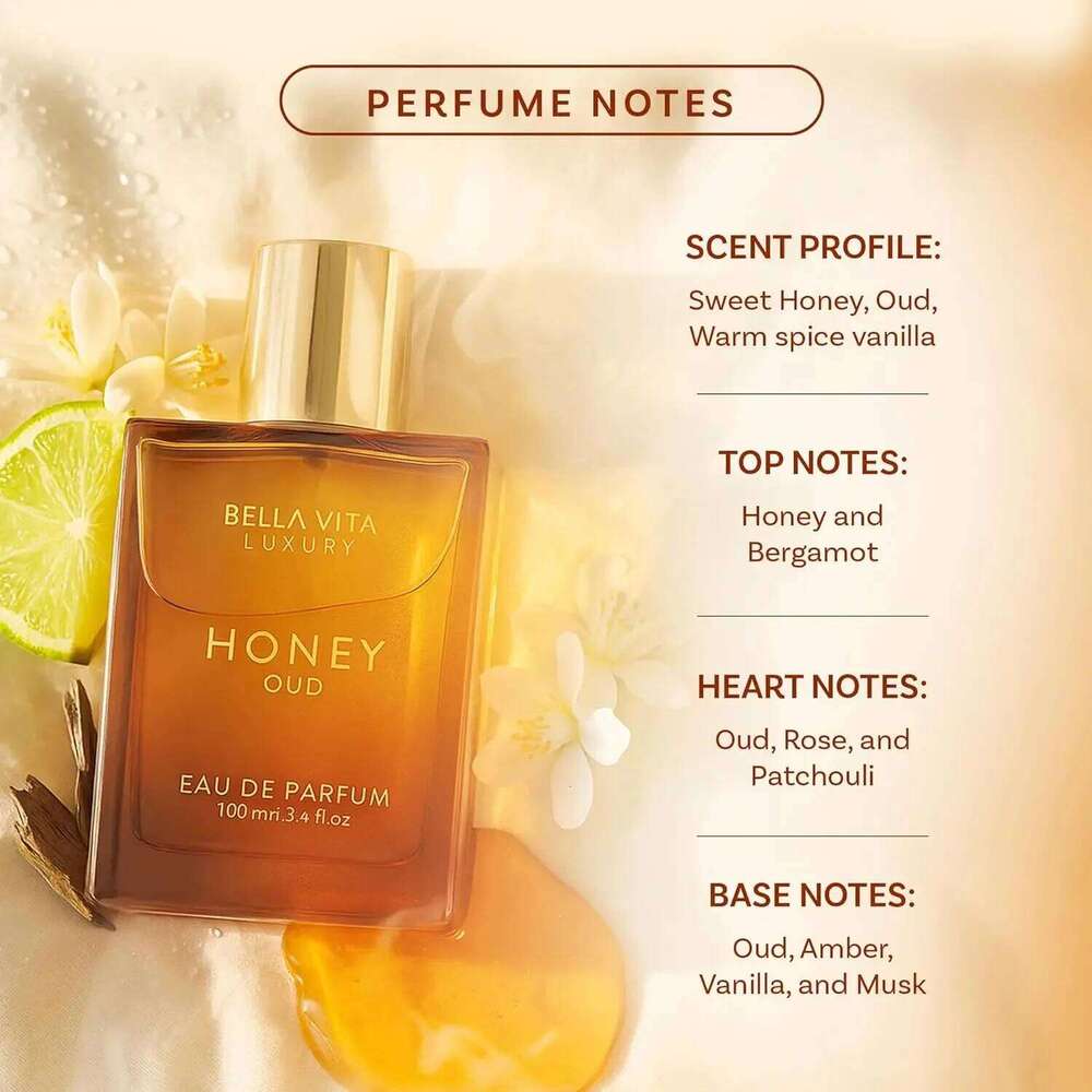 BellaVita Honey Oud EDP 3.4oz Warm Amber Vanilla Perfume, Long Lasting Unisex Scent, Holiday Gift for Christmas Halloween Z260311