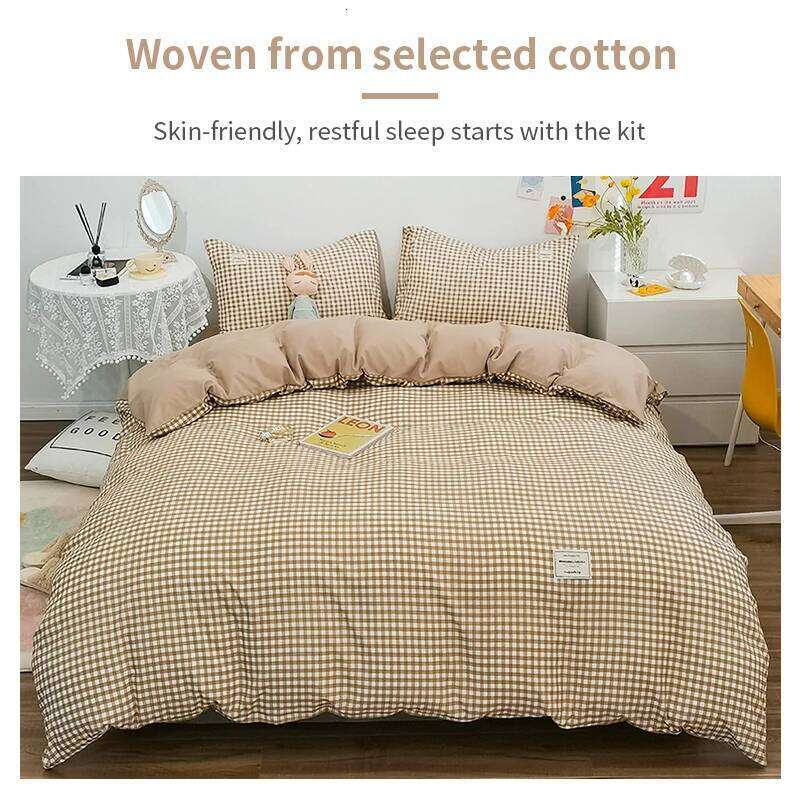 100% Cotton Cover Set,Bedding Set With Plaid Stripe,Skin Friendly Breathable,1 Duvet Cover,2 Pillowcase,Japan Simple Style H260311