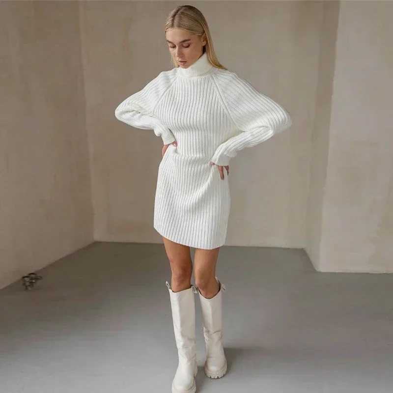 White Turtleneck Knitted Dresses Woman Winter Autumn Oversized Sweater Dress Fashion Long Sleeve Mini Dress Casual Knitwear M260311