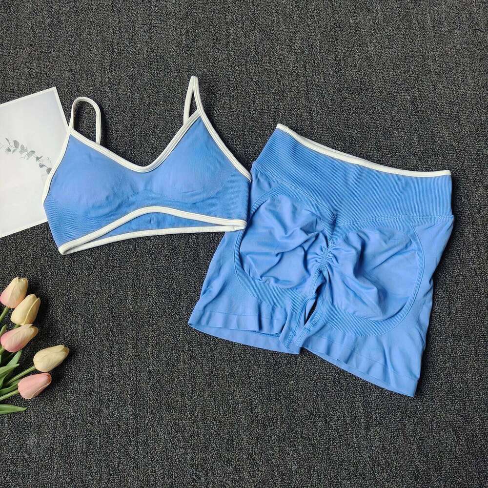 Peach Buttock Yoga Suit Women Gym Seamless Suspender Gathering Bra High Waist Hip Lifting Belly Tightening Shorts Fitness Set 26H0311