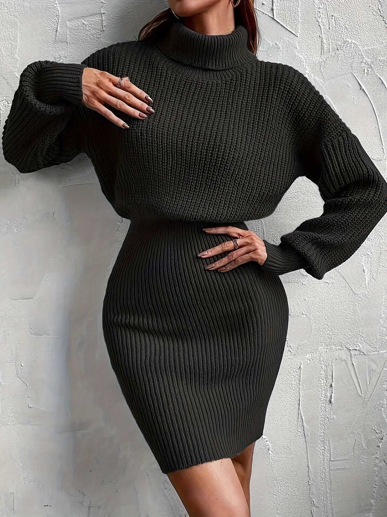 2024 New Versatile High-neck Dropped-Sleeve Sweater Dress M260311