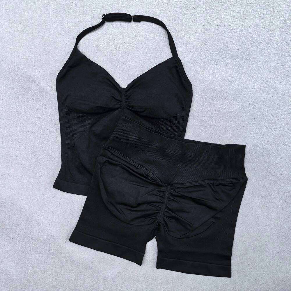 2 Pieces Women Yoga Set Seamless Adjustable Strappy Tank Top Scrunch Sports Shorts Gym Clothes Woman Summer Workout Outfits 26H0311
