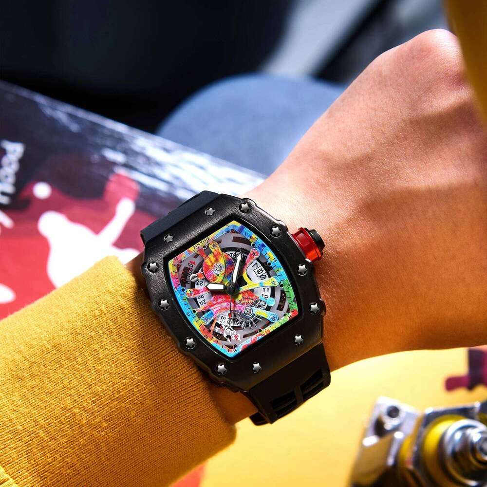 Luxury Watch Wrist Tonneau Multifunction Graffiti Dial Auto Date Waterproof Sports Casual Clock Men Quartz Watches