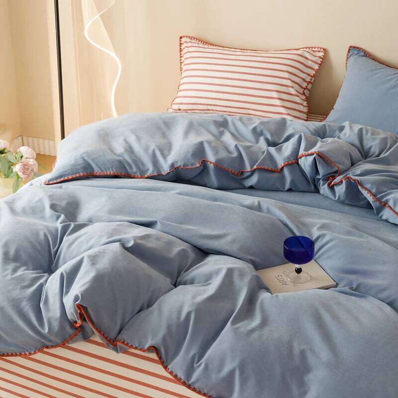Blue Protein Durable Washed Cotton Bedding Set Striped Color Block Shell Embroidery Comforter Cover with Standard Pillowcases H260311