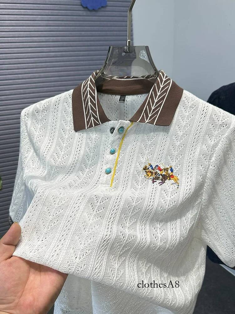 Design Brand Luxury Polo Shirt Hollow Jacquard Horse Embroidery Knitted Short Sleeve T-Shirt Summer Fashion Men's Clothing