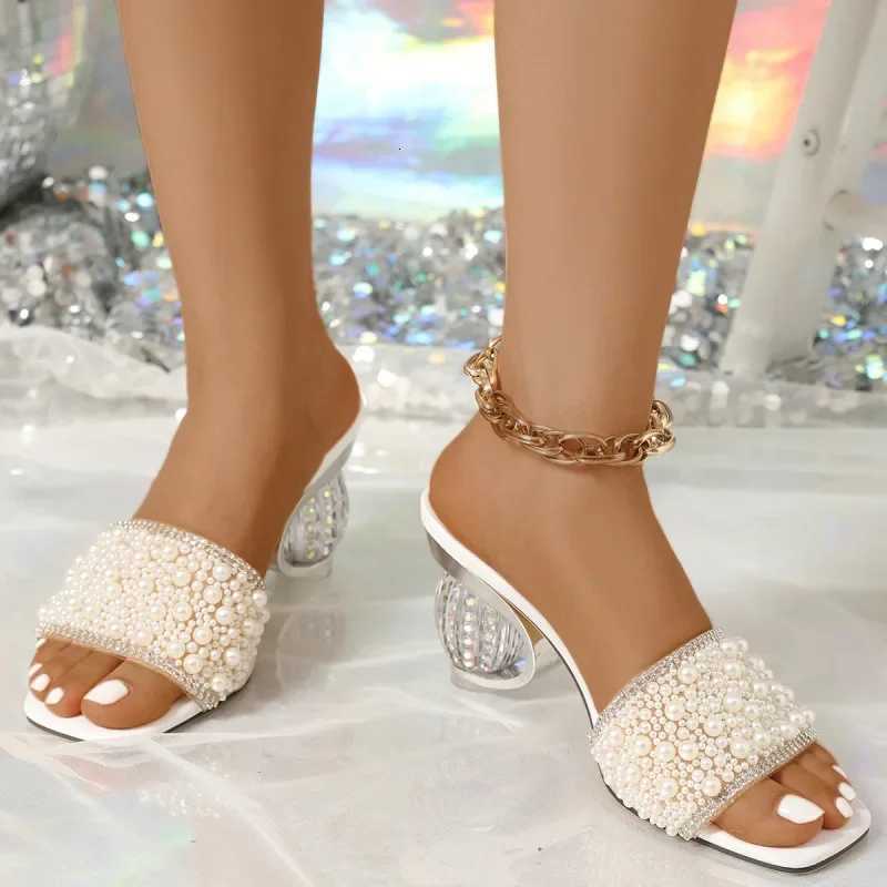 White Pearl Shiny Sandals Slippers Women Transparent Thick Bottom Party Dress Mules High Heels 2025 Summer Heeled Beach K260311