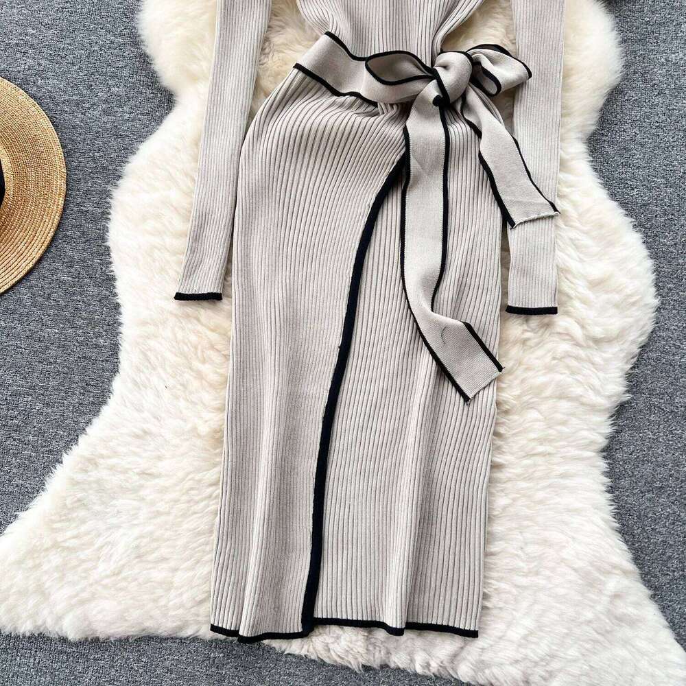Elegant Contrast Ribbed Knitted Bodycon Long Dress Women Autumn Winter With Belt Bandage Streetwear Stretch Lady Dresses Z260311