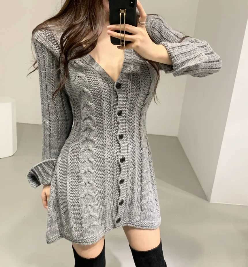 Sweater Dress for Women Long Sleeve Cable Knit Button Down Fitted Mini Dress Teen Fall Winter RETRO 90s Outfit M260311