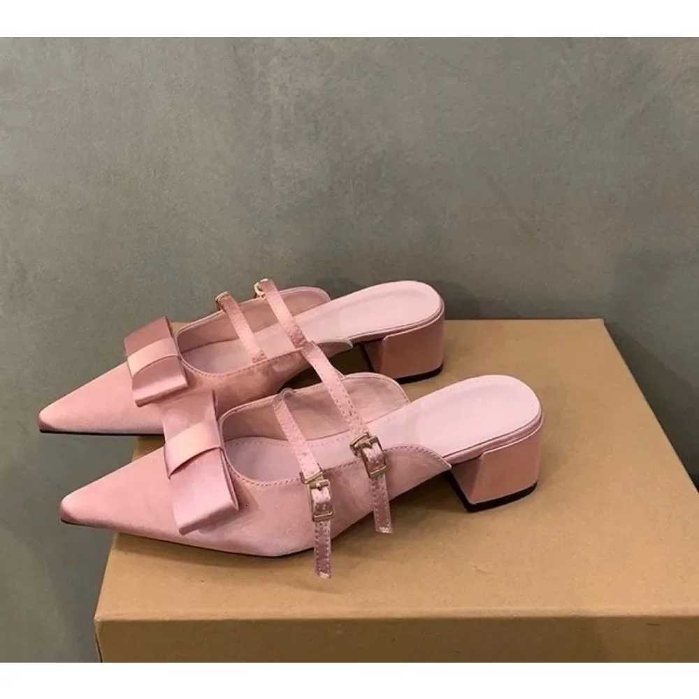 New Silk Bowknot Pointed Toe Women Sweet Elegant Mid Heel Slingbacks Shoes Female Slides Fashion Designer Sandals K260311