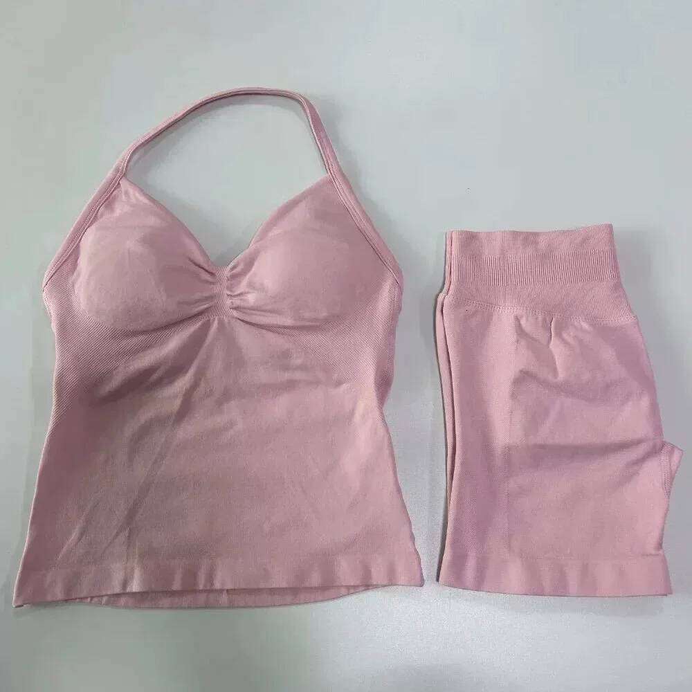 Sexy Halter Neck Beautiful High Waist Peach Sports Bras Shorts Suit Pilates Gathering Yoga Vest Training Fitness Bra Sets 26H0311