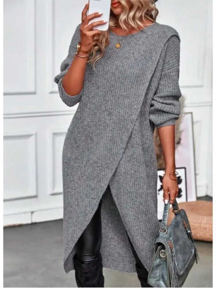 Womens Long Knitted Sweater Dress 2025 Autumn Winter Warm Fur Jumpers Casual Solid Loose Knit Midi Dress Lady Work Pullovers M260311