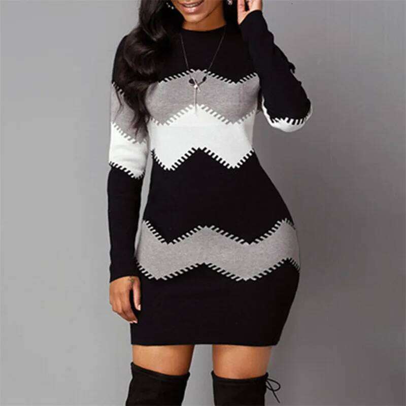 Women Elegant Patchwork Long Sleeve Warm 2022 Autumn Winter Rib Knit Sweater Dress Casual Turtleneck Pullover Mini Dresses Z260311