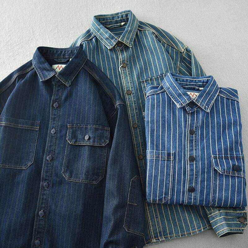 Heavy vintage washed vertical stripe denim men's loose size cotton long sleeve shirt jacket 26H0311