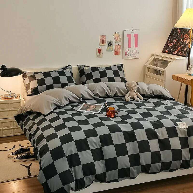 Pure Cotton Cover Set,Bedding Set With Plaid Stripe,1 Duvet Cover,1 Flat/Fitted Sheets,1/2 Pillowcases,Soft Simple Style H260311