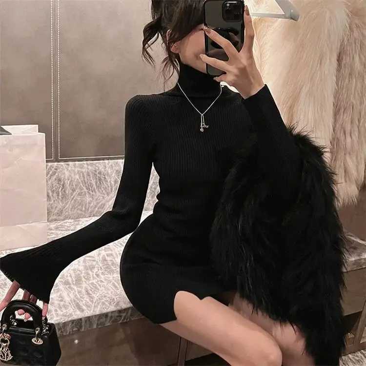 Knitted Dress Winter New Style Slit Lining High Collar Bodycon Skirt Slimming Short Dress M260311