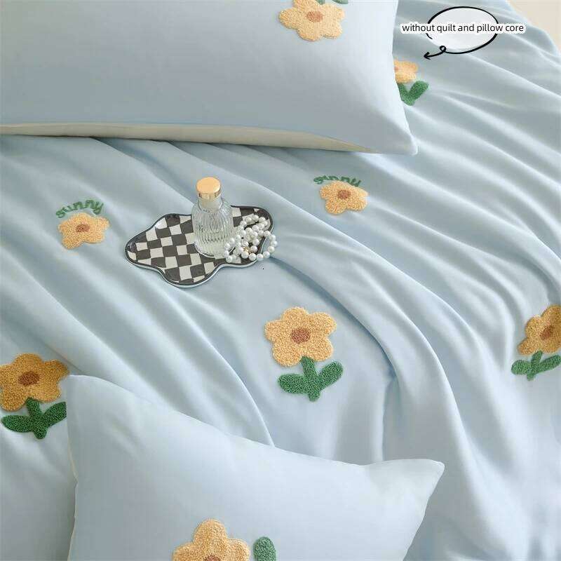 3pcs Blue Duvet Set 1*Duvet Cover + 2*Pillowcase, Without Core,Sun flowers embroidery Bedding Set, Soft Comfortable H260311