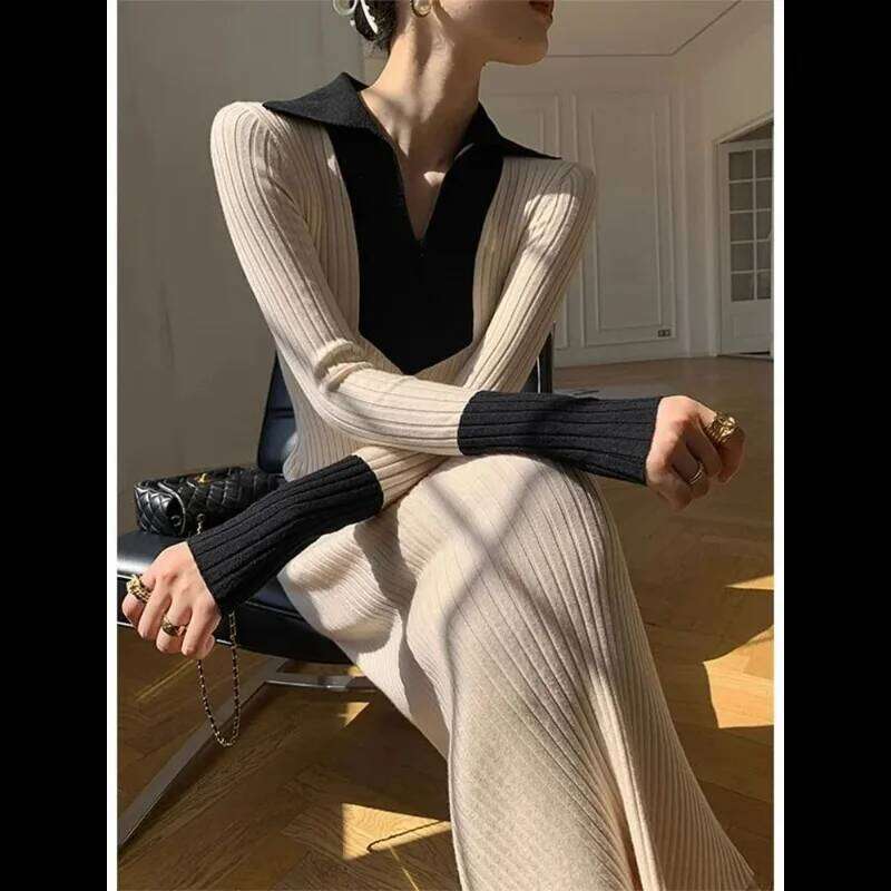 French Knit Women Autumn New Arrival Long-Sleeve Elegant Lady Long Base Sweater Dress Z260311