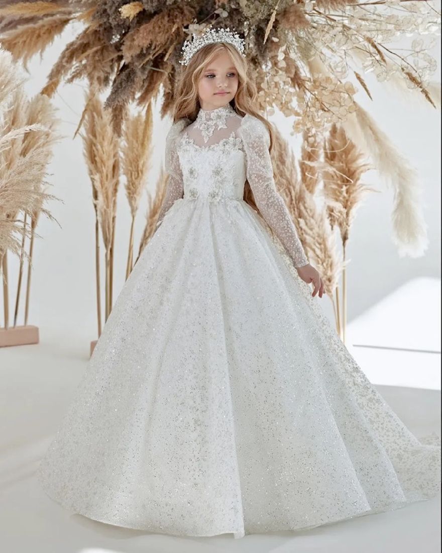 Sparkle Lace Flower Girl Bows Childrens First Communion Princess Tulle Ball Gown Wedding Party Dress