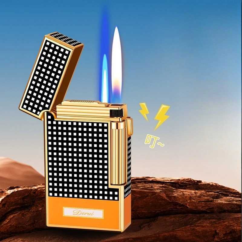 New DERUI Side Sliding Loud Sound Double Fire Lighter Metal Inflatable Mens Light Luxury Gift Double Fire Switch N260311