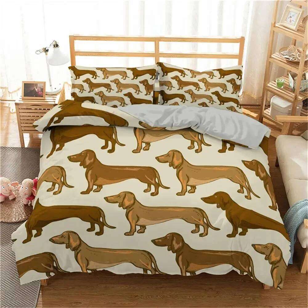 Cartoon Dachshund Bedding Cute Sausage Dog Duvet Set Pet Puppy Printed Comforter Animal Polyester Quilt Cover H260311