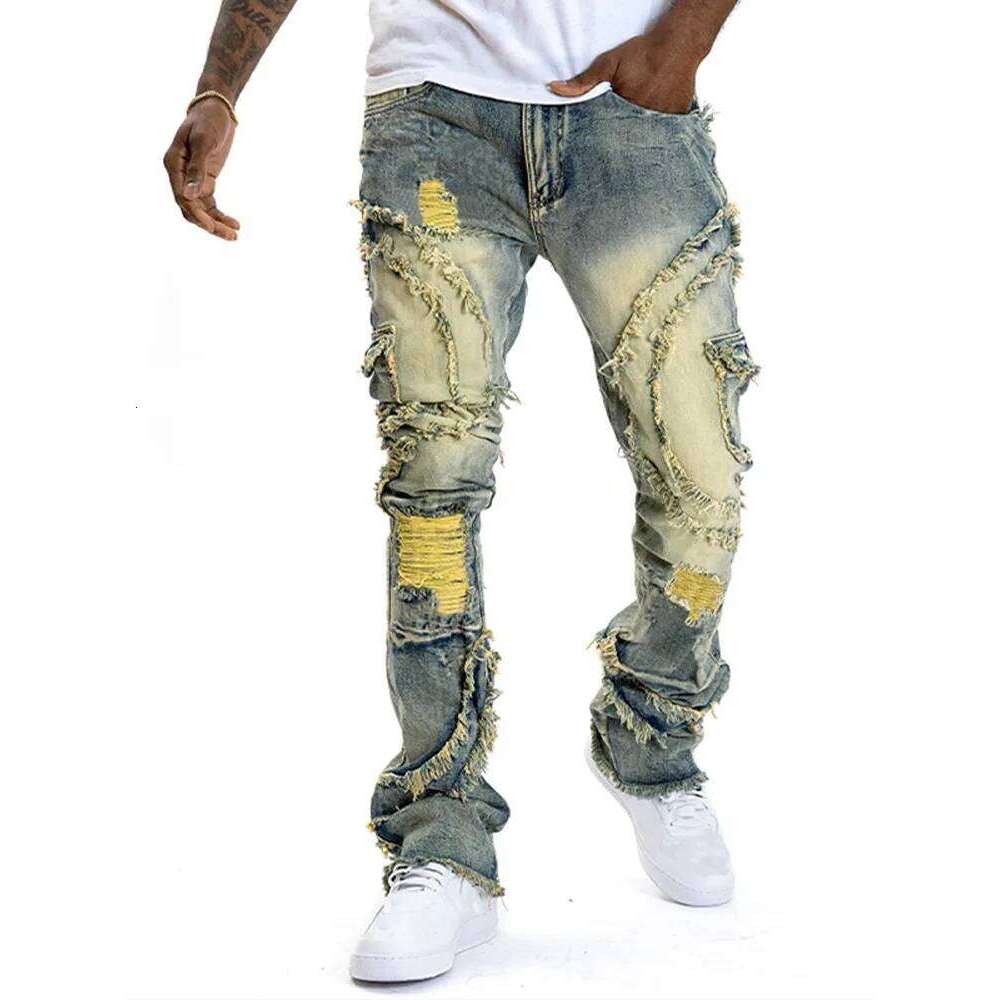 Fashion Ripped Patchwork Men's Jeans Zipper High Waist Slim Pencil Denim Pants 2025 Autumn Male Streetwear Z260225