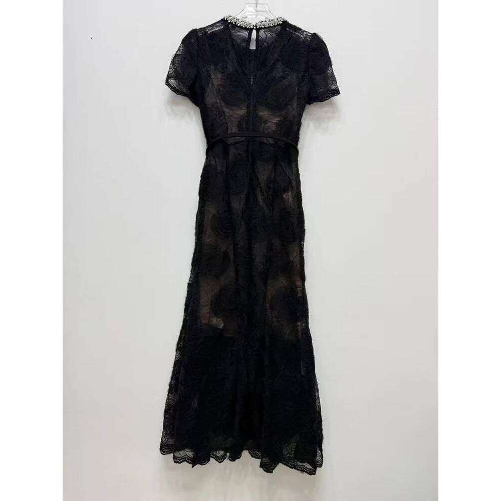Summer New Fashion Black Rose Flower Lace Dress Women Elegant Round Neck Short Sleeve Fishtail Robe With Belt Ladies Mdng260311